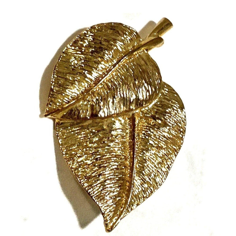 Gold Leaf Brooch Pin‎ Textured Double Leaf Vintage Style Statement Jewelry